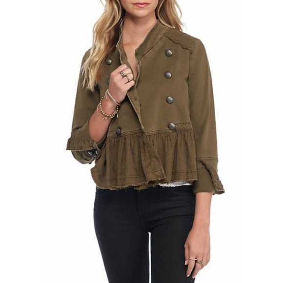 Free People Ruffle Hem Military Jacket Size S Double Breasted Peplum Green - Picture 1 of 11